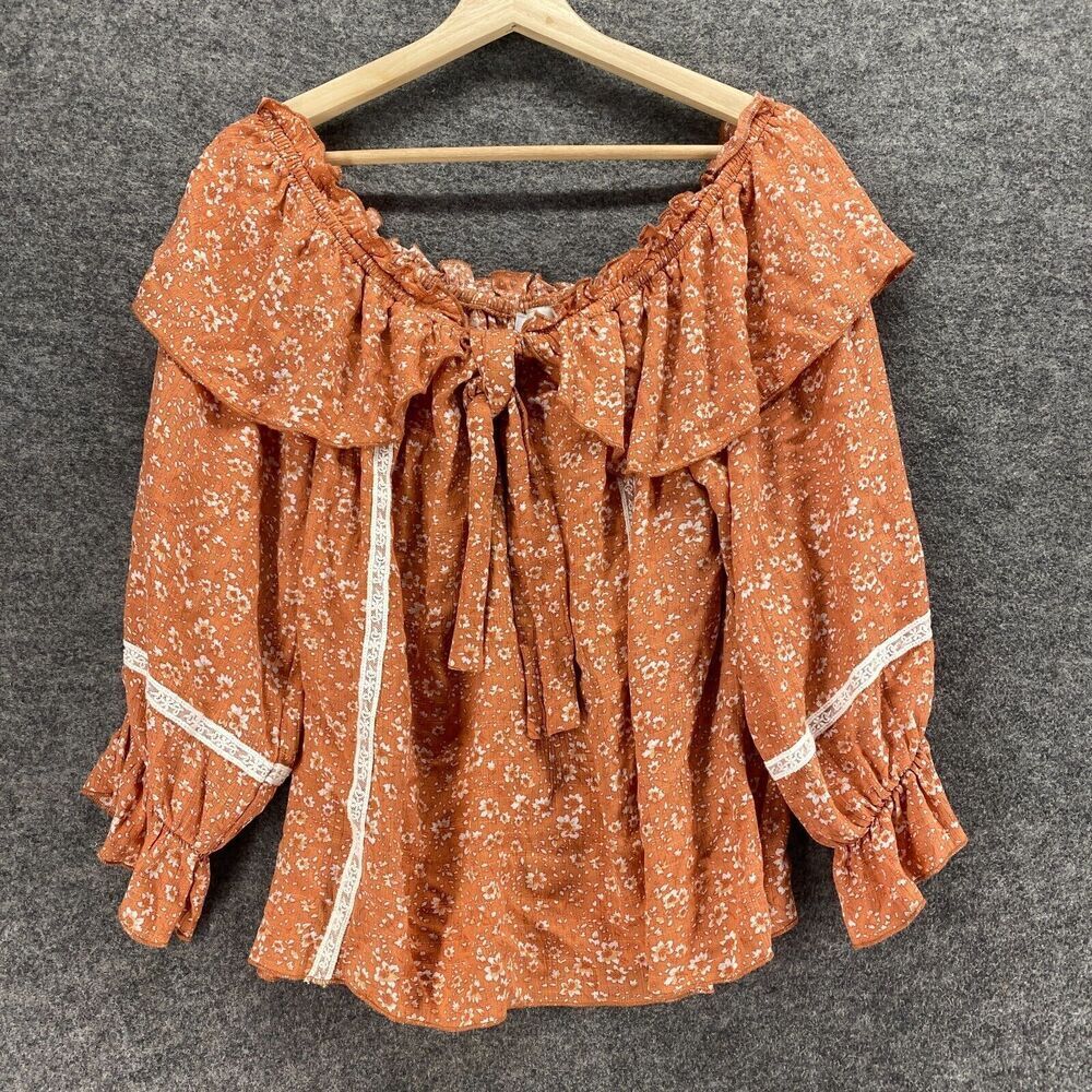 Emelia Blouse Women L Large Brown Floral V-Neck Tasseled Long Sleeve Rayon